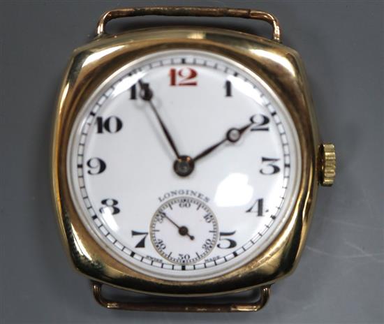 A gentlemans early 1930s 9ct gold Longines manual wind wrist watch, no strap, case diameter 30mm ex. crown.